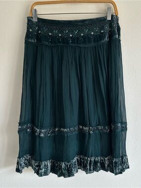Vintage Y2K Derhy Skirt Midi Beaded Silk Green Teal Whimsigoth Fairy Velvet